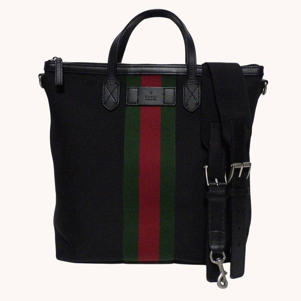 Gucci tote shoulder bag Techno canvas leather black web stripe